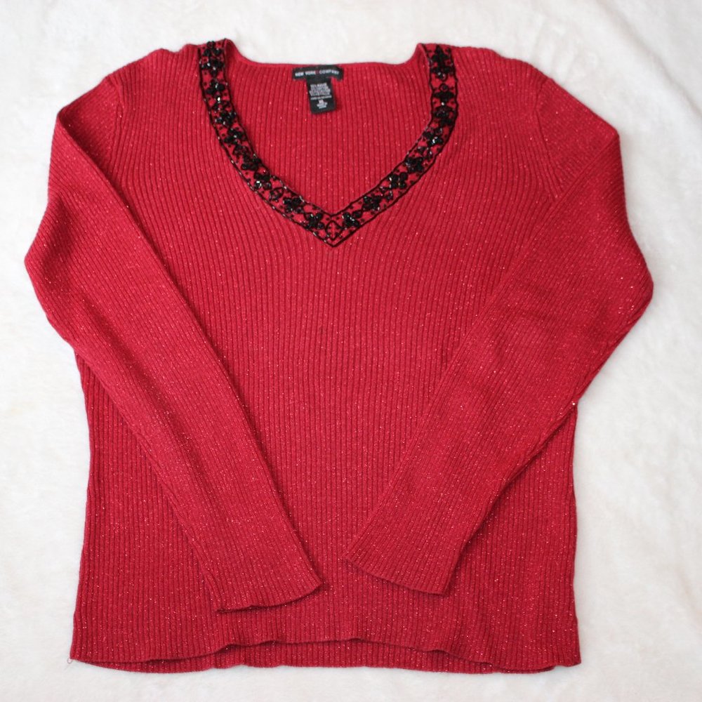 Holiday Red V-neck Sweater Top with Black Bead Trim XL